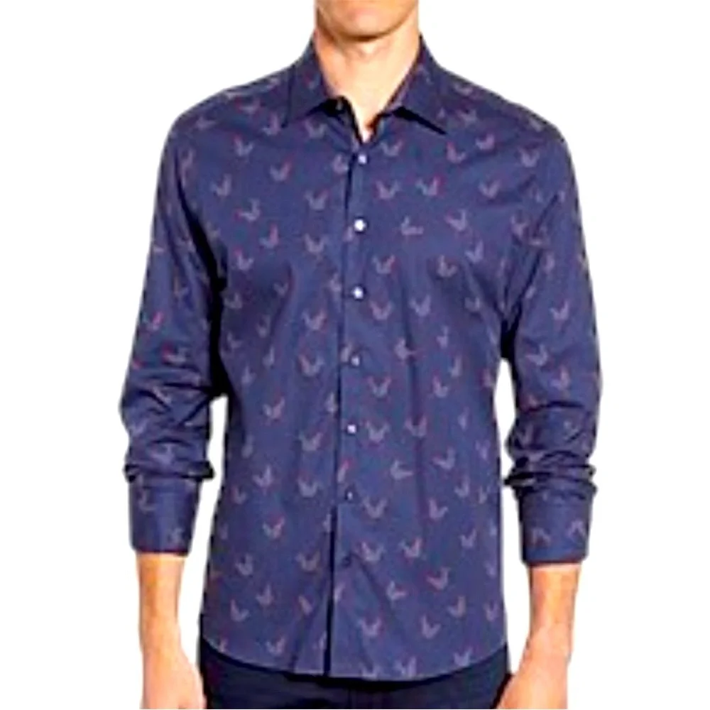 STONE ROSE Long Sleeve Button Front Rooster Chicken Print Shirt